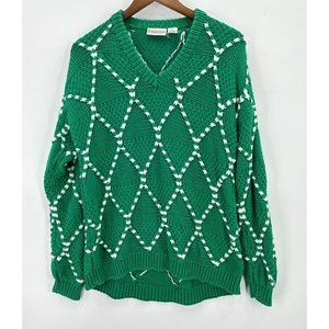 Essential Elements Sweater Womens Knit Pullover V- Neck Rhombus Green White L